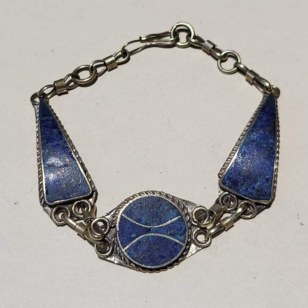 Vintage Lapis Lazuli Metal Link Bracelet Blue Stone Inlay Southwestern